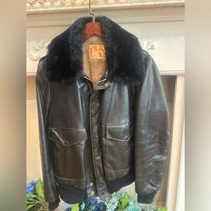Black Leather Bomber Jacket with Fur Collar